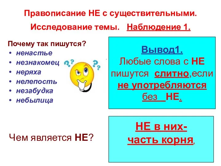 Правописание НЕ с существительными. Исследование темы. Наблюдение 1. Почему так пишутся? ненастье