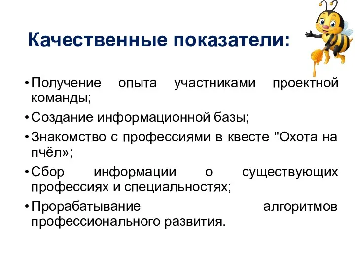 Качественные показатели: Получение опыта участниками проектной команды; Создание информационной базы; Знакомство с