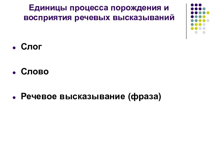 Единицы процесса порождения и восприятия речевых высказываний Слог Слово Речевое высказывание (фраза)