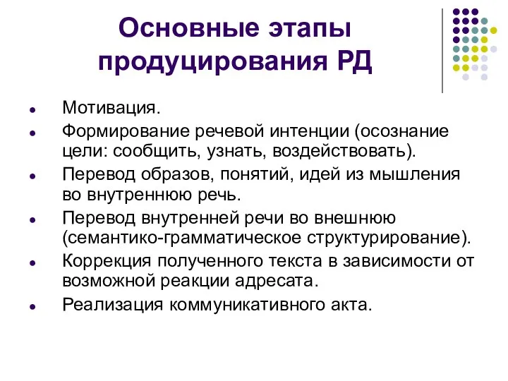 Основные этапы продуцирования РД Мотивация. Формирование речевой интенции (осознание цели: сообщить, узнать,