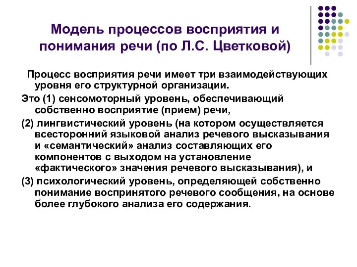 Модель процессов восприятия и понимания речи (по Л.С. Цветковой) Процесс восприятия речи