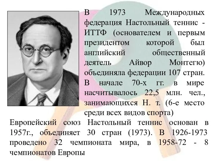 В 1973 Международных федерация Настольный теннис - ИТТФ (основателем и первым президентом