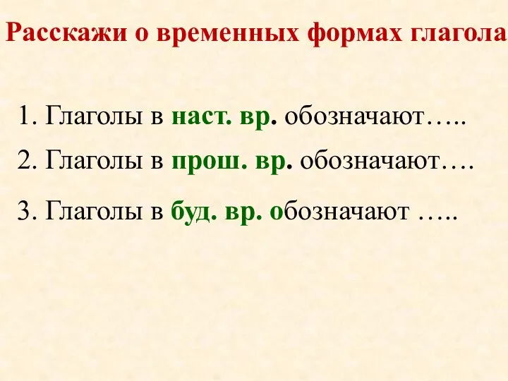 1. Глаголы в наст. вр. обозначают….. 2. Глаголы в прош. вр. обозначают….