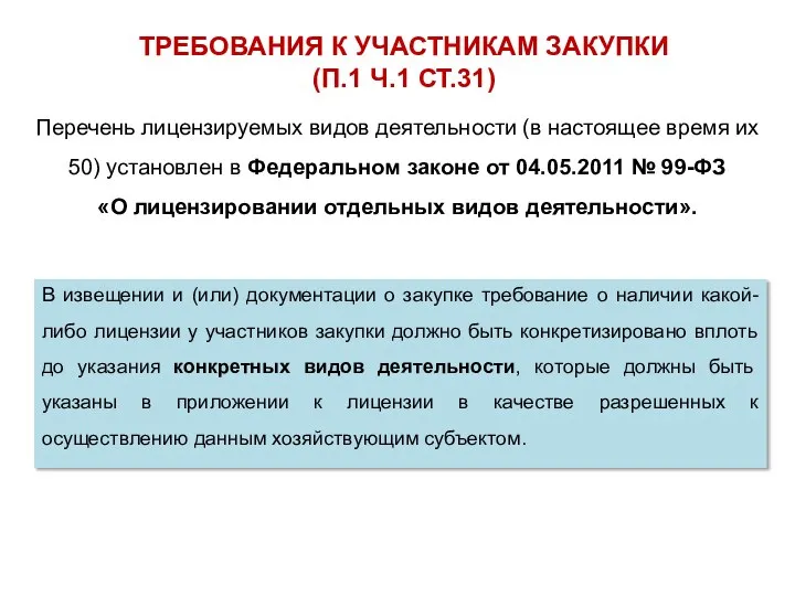 ТРЕБОВАНИЯ К УЧАСТНИКАМ ЗАКУПКИ (П.1 Ч.1 СТ.31) Перечень лицензируемых видов деятельности (в