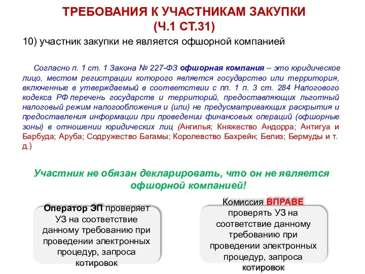 10) участник закупки не является офшорной компанией Согласно п. 1 ст. 1