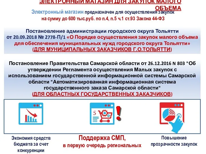 Повышение прозрачности закупок Экономия средств бюджета за счет конкуренции Поддержка СМП, в