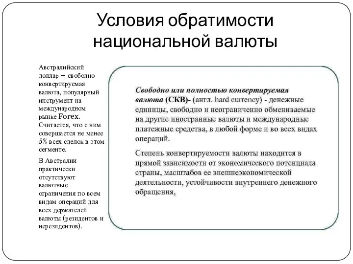 Условия обратимости национальной валюты Австралийский доллар – свободно конвертируемая валюта, популярный инструмент