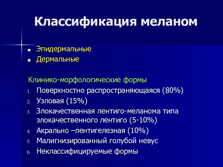 Классификация меланом Эпидермальные Дермальные Клинико-морфологические формы Поверхностно распространяющаяся (80%) Узловая (15%) Злокачественная