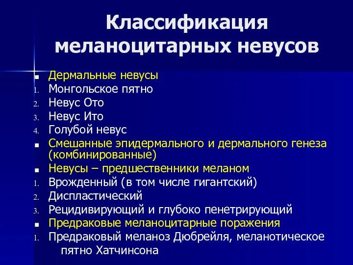 Классификация меланоцитарных невусов Дермальные невусы Монгольское пятно Невус Ото Невус Ито Голубой