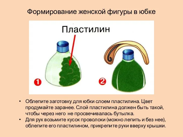 Формирование женской фигуры в юбке Облепите заготовку для юбки слоем пластилина. Цвет