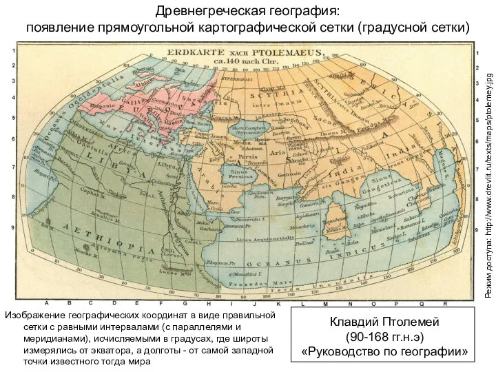 Изображение географических координат в виде правильной сетки с равными интервалами (с параллелями