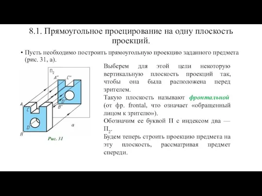 8.1. Прямоугольное проецирование на одну плоскость проекций. Пусть необходимо построить прямоугольную проекцию