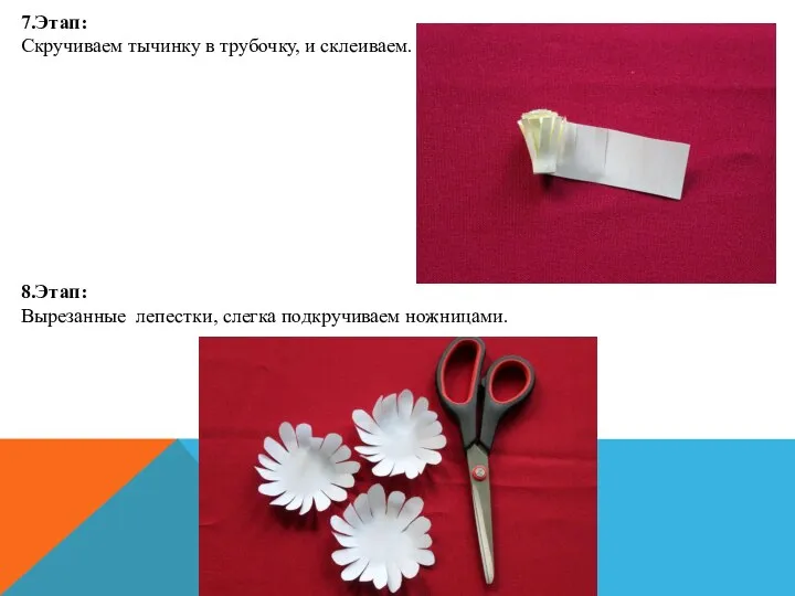 7.Этап: Скручиваем тычинку в трубочку, и склеиваем. 8.Этап: Вырезанные лепестки, слегка подкручиваем ножницами.