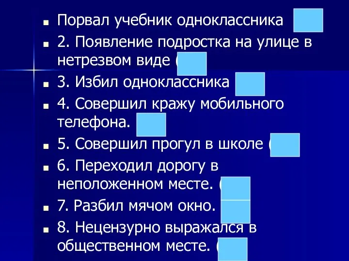 Порвал учебник одноклассника 2. Появление подростка на улице в нетрезвом виде (А)