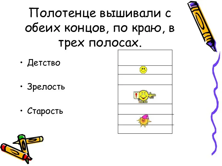 Полотенце вышивали с обеих концов, по краю, в трех полосах. Детство Зрелость Старость