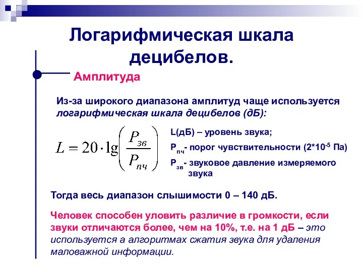 Логарифмическая шкала децибелов. Амплитуда L(дБ) – уровень звука; Рпч- порог чувствительности (2*10-5