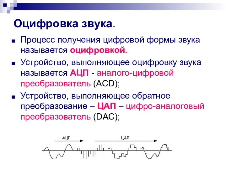 Оцифровка звука. Процесс получения цифровой формы звука называется оцифровкой. Устройство, выполняющее оцифровку