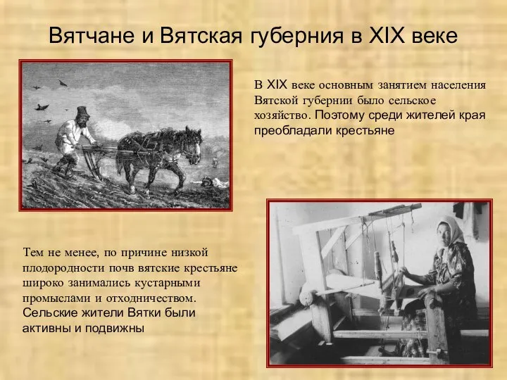Вятчане и Вятская губерния в XIX веке В XIX веке основным занятием