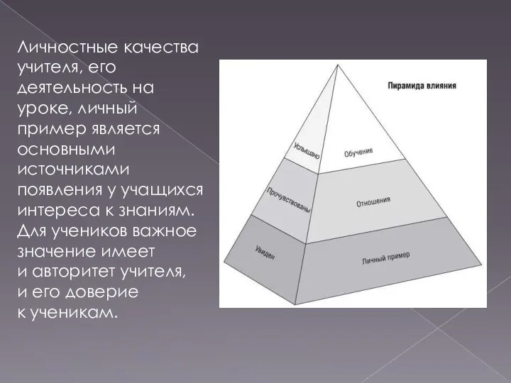 Личностные качества учителя, его деятельность на уроке, личный пример является основными источниками