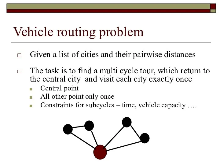 Vehicle routing problem Given a list of cities and their pairwise distances