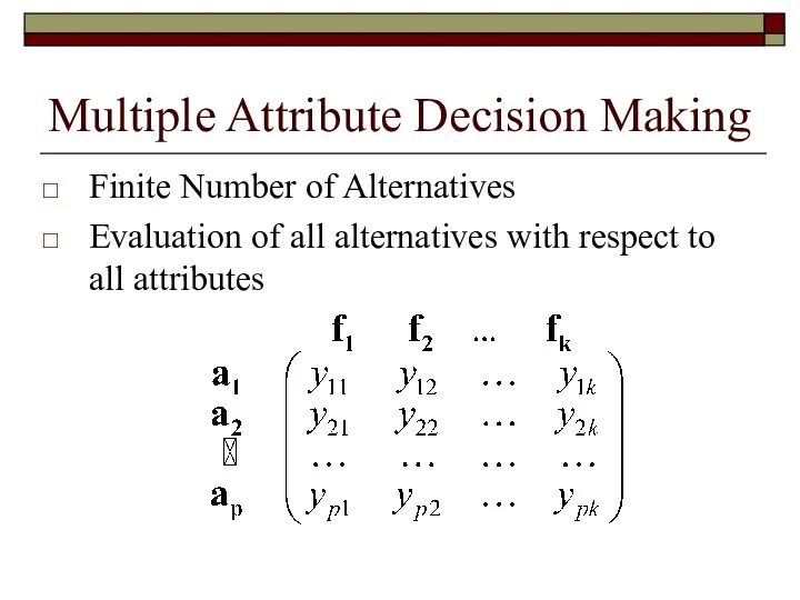 Multiple Attribute Decision Making Finite Number of Alternatives Evaluation of all alternatives