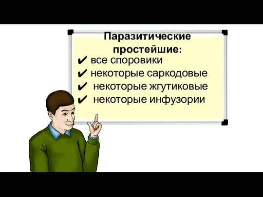 Паразитические простейшие: все споровики некоторые саркодовые некоторые жгутиковые некоторые инфузории