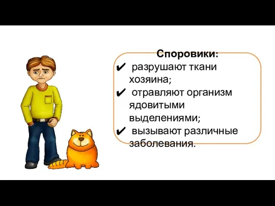 Споровики: разрушают ткани хозяина; отравляют организм ядовитыми выделениями; вызывают различные заболевания.