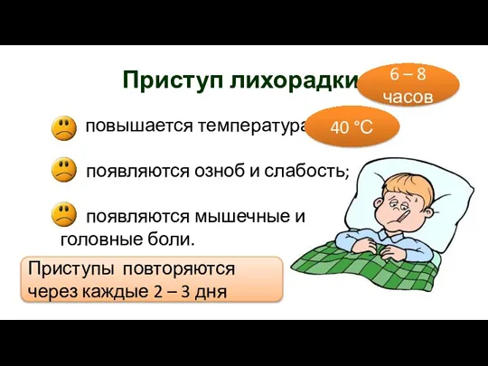 Приступ лихорадки: повышается температура; появляются озноб и слабость; появляются мышечные и головные