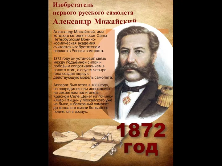 Изобретатель первого русского самолета Александр Можайский Александр Можайский, имя которого сегодня носит