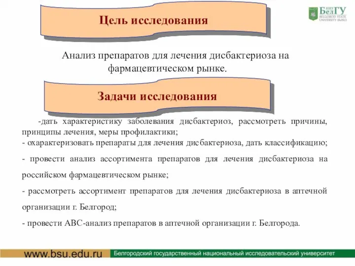 Цель работы Цель исследования Задачи исследования Анализ препаратов для лечения дисбактериоза на