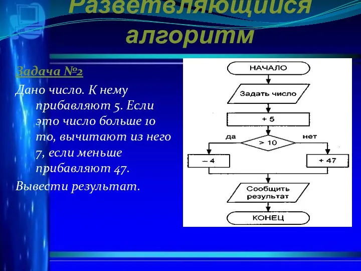 Разветвляющийся алгоритм Задача №2 Дано число. К нему прибавляют 5. Если это