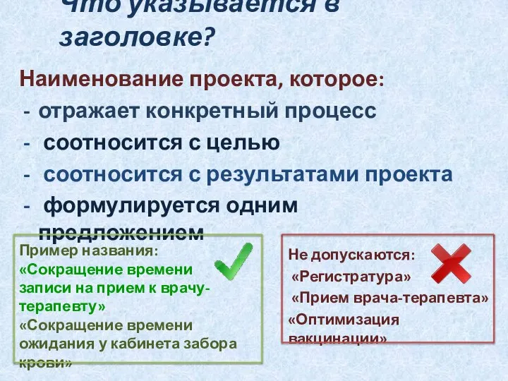 Что указывается в заголовке? Наименование проекта, которое: отражает конкретный процесс соотносится с