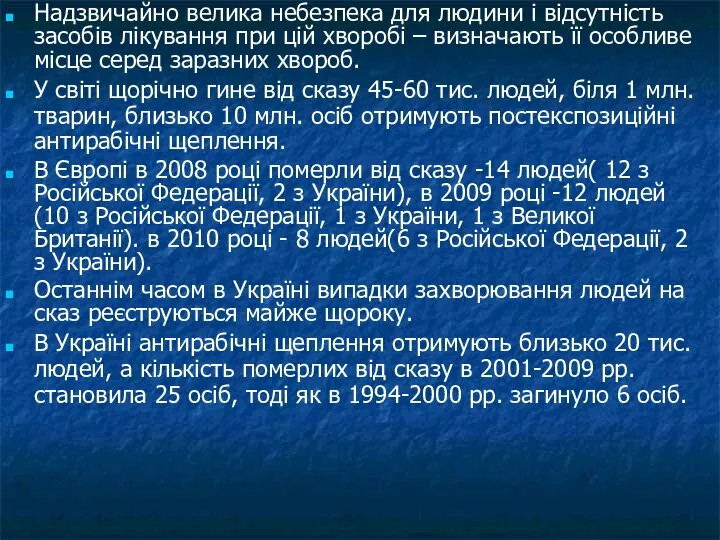 Надзвичайно велика небезпека для людини і відсутність засобів лікування при цій хворобі