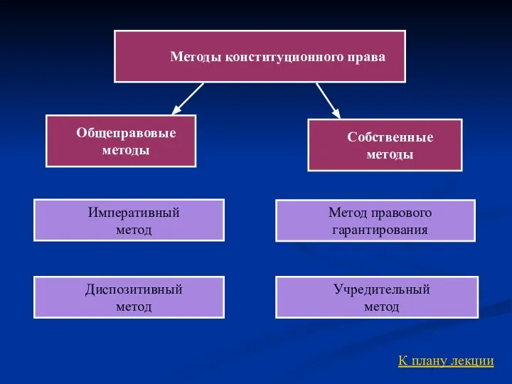 Общеправовые методы Собственные методы Методы конституционного права Императивный метод Диспозитивный метод Учредительный