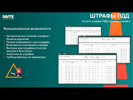 ШТРАФЫ ПДД Функциональные возможности Автоматическое списание штрафов с баланса водителей Полная информация