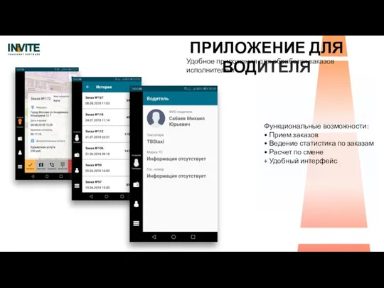 ПРИЛОЖЕНИЕ ДЛЯ ВОДИТЕЛЯ Удобное приложения для обработки заказов исполнителем Функциональные возможности: •