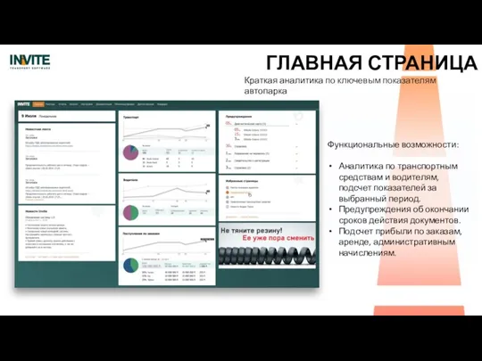 ГЛАВНАЯ СТРАНИЦА Краткая аналитика по ключевым показателям автопарка Функциональные возможности: Аналитика по