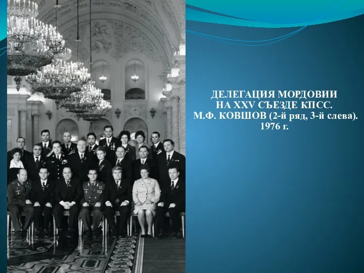 ДЕЛЕГАЦИЯ МОРДОВИИ НА XXV СЪЕЗДЕ КПСС. М.Ф. КОВШОВ (2-й ряд, 3-й слева). 1976 г.