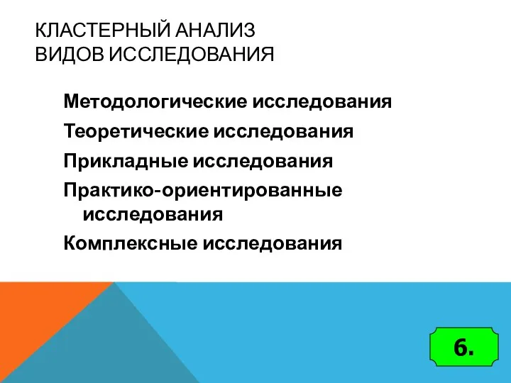 КЛАСТЕРНЫЙ АНАЛИЗ ВИДОВ ИССЛЕДОВАНИЯ Методологические исследования Теоретические исследования Прикладные исследования Практико-ориентированные исследования Комплексные исследования 6.