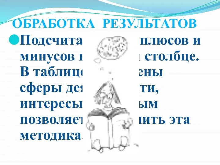 ОБРАБОТКА РЕЗУЛЬТАТОВ Подсчитай сумму плюсов и минусов в каждом столбце. В таблице