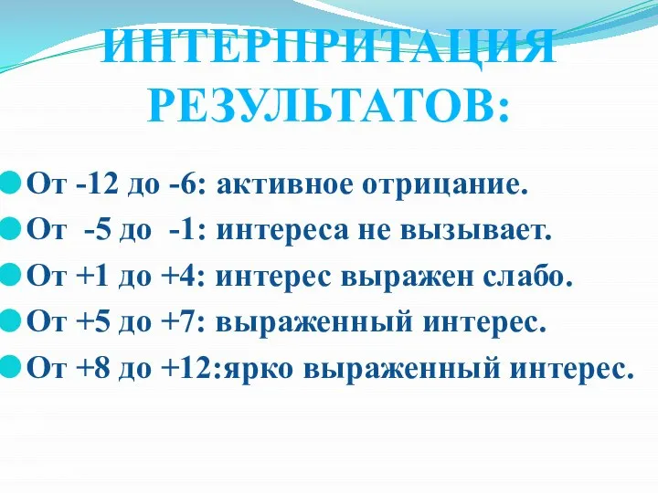 ИНТЕРПРИТАЦИЯ РЕЗУЛЬТАТОВ: От -12 до -6: активное отрицание. От -5 до -1: