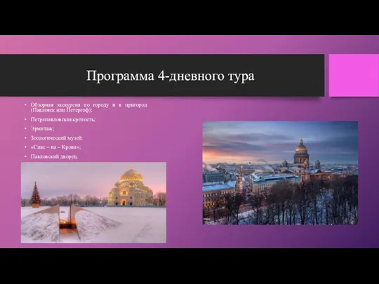 Программа 4-дневного тура Обзорная экскурсия по городу и в пригород (Павловск или