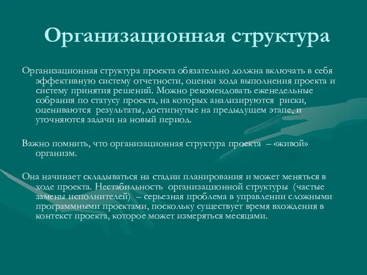 Организационная структура Организационная структура проекта обязательно должна включать в себя эффективную систему