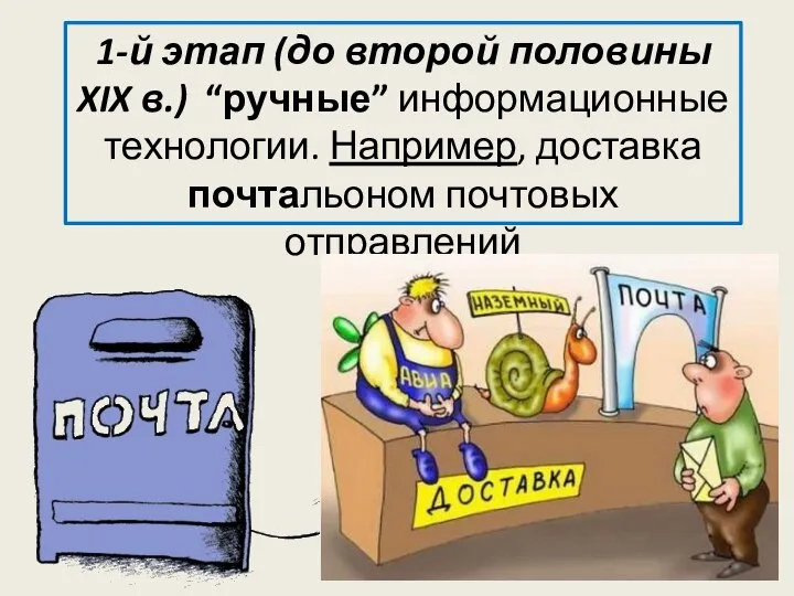 1-й этап (до второй половины XIX в.) “ручные” информационные технологии. Например, доставка почтальоном почтовых отправлений