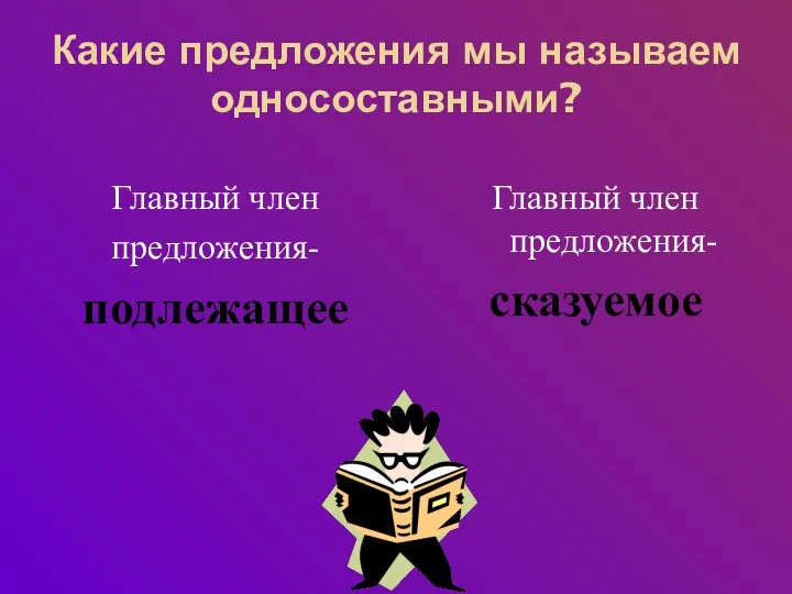 Какие предложения мы называем односоставными? Главный член предложения- подлежащее Главный член предложения- сказуемое