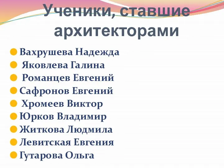 Ученики, ставшие архитекторами Вахрушева Надежда Яковлева Галина Романцев Евгений Сафронов Евгений Хромеев