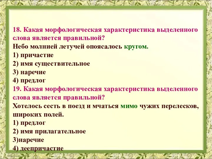 18. Какая морфологическая характеристика выделенного слова является правильной? Небо молнией летучей опоясалось