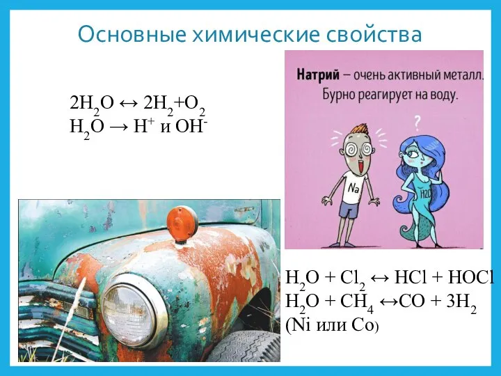 Основные химические свойства 2H2O ↔ 2H2+O2 H2O → Н+ и ОН- H2O