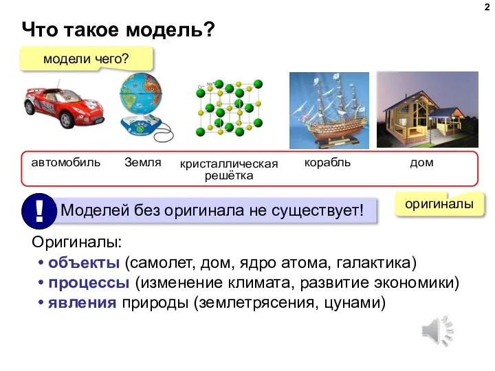 Что такое модель? модели чего? автомобиль Земля кристаллическая решётка корабль дом оригиналы