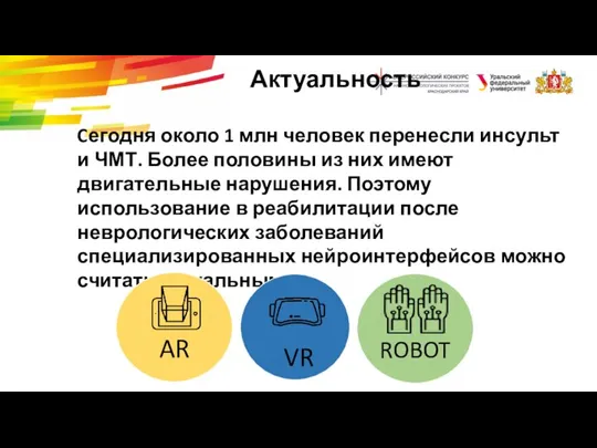 Актуальность Cегодня около 1 млн человек перенесли инсульт и ЧМТ. Более половины